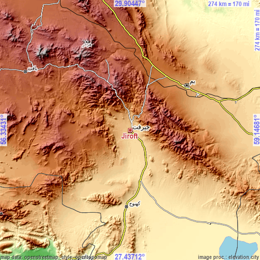 Topographic map of Jīroft