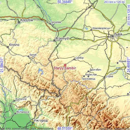 Topographic map of Staryy Sambir