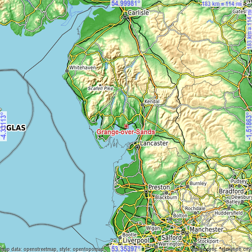 Topographic map of Grange-over-Sands