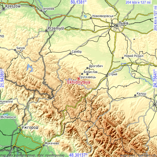 Topographic map of Skhidnytsya