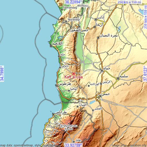 Topographic map of Kaff al-Jaa