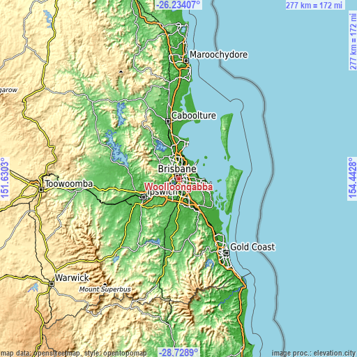 Topographic map of Woolloongabba