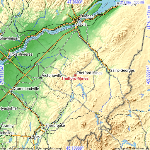 Topographic map of Thetford-Mines