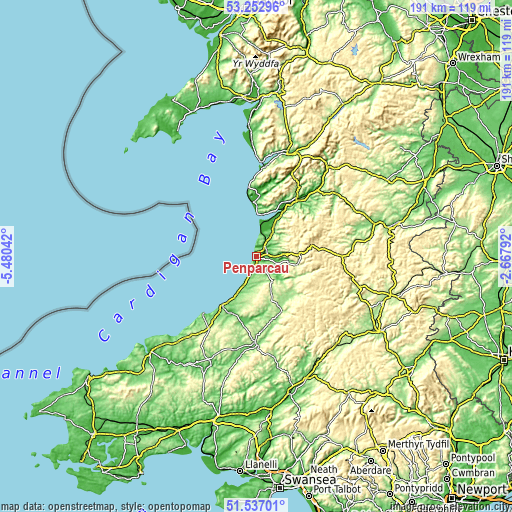 Topographic map of Penparcau