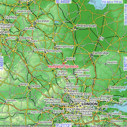 Topographic map of Kempston Hardwick
