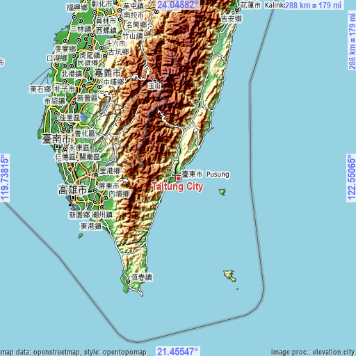 Topographic map of Taitung City