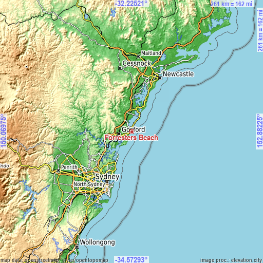 Topographic map of Forresters Beach