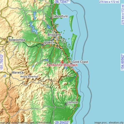 Topographic map of Tamborine Mountain