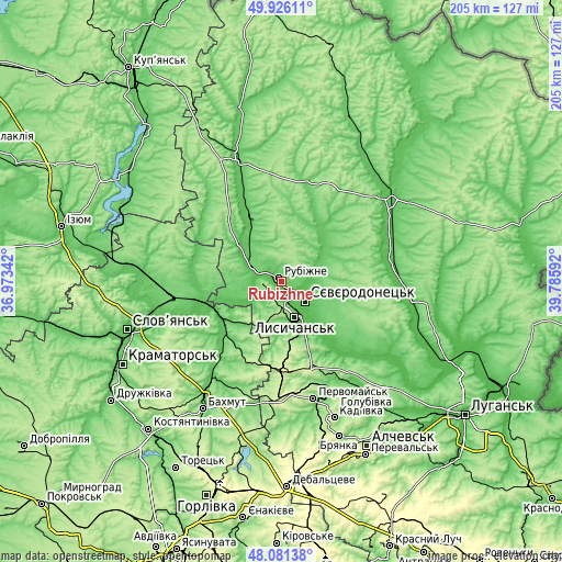 Topographic map of Rubizhne