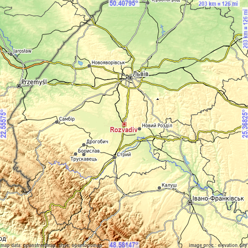 Topographic map of Rozvadiv