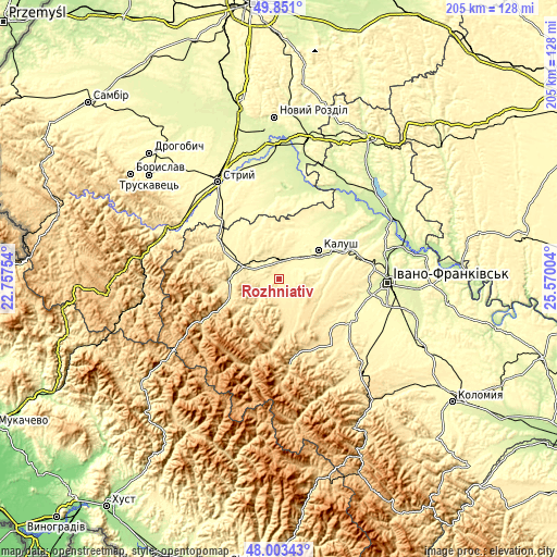 Topographic map of Rozhniativ