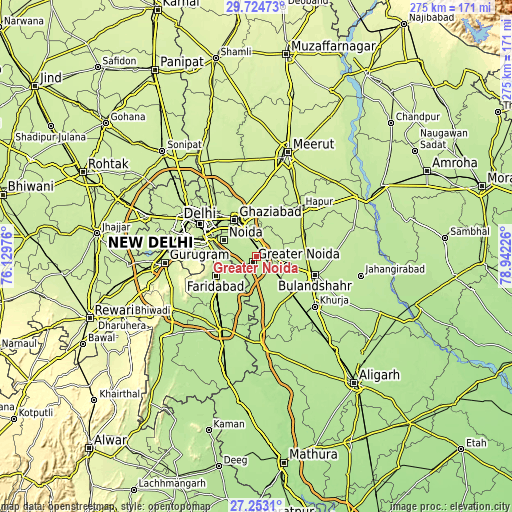Topographic map of Greater Noida