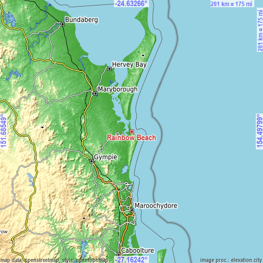 Topographic map of Rainbow Beach