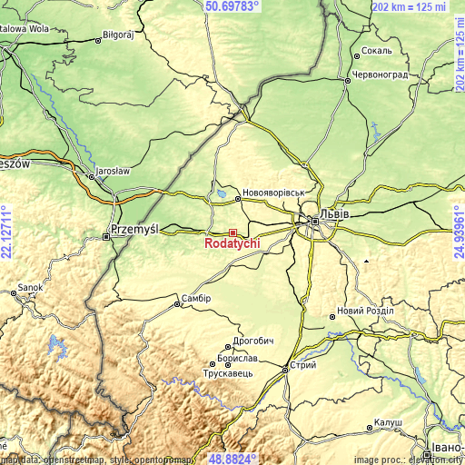 Topographic map of Rodatychi