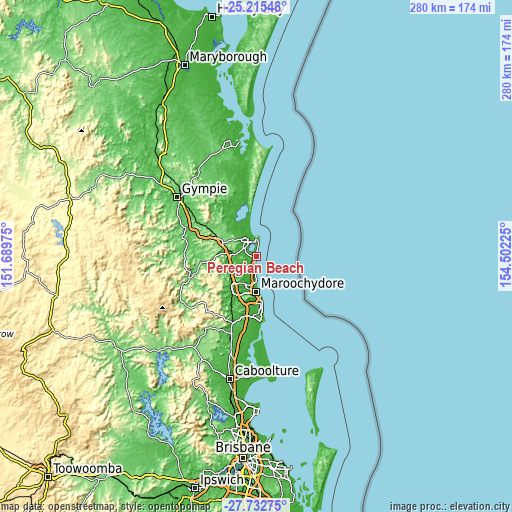 Topographic map of Peregian Beach