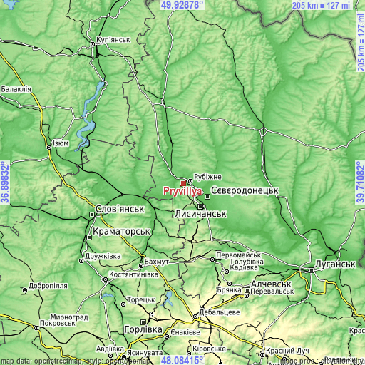 Topographic map of Pryvillya