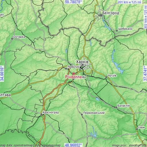 Topographic map of Pivdenne