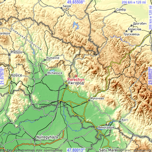 Topographic map of Perechyn