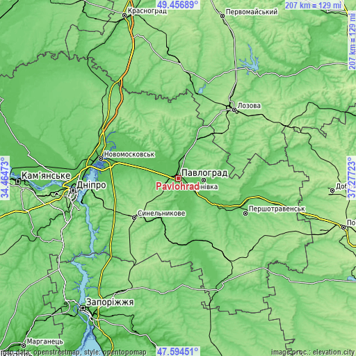 Topographic map of Pavlohrad