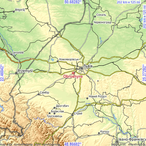 Topographic map of Obroshyne