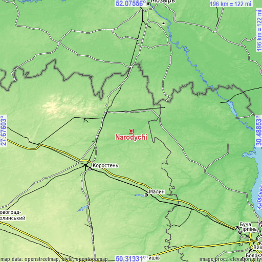 Topographic map of Narodychi