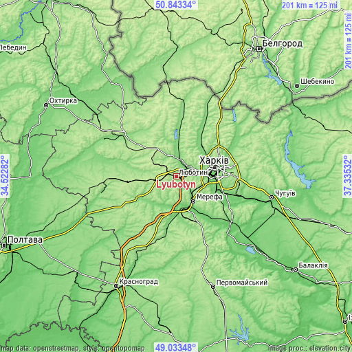 Topographic map of Lyubotyn