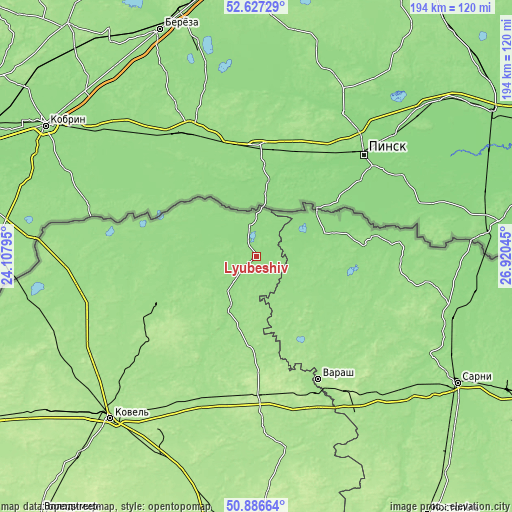 Topographic map of Lyubeshiv