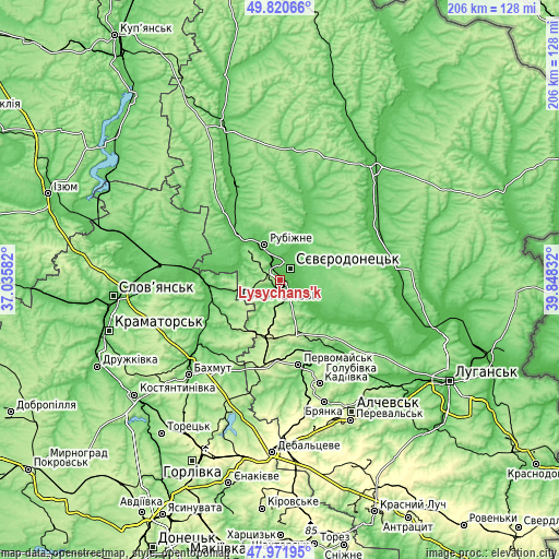 Topographic map of Lysychans’k