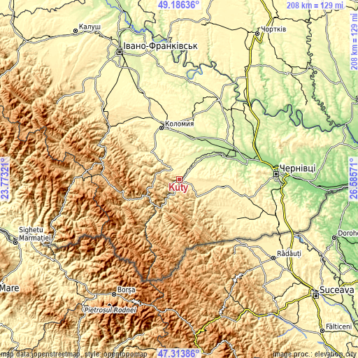 Topographic map of Kuty