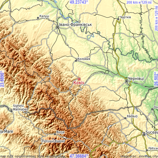 Topographic map of Kosiv