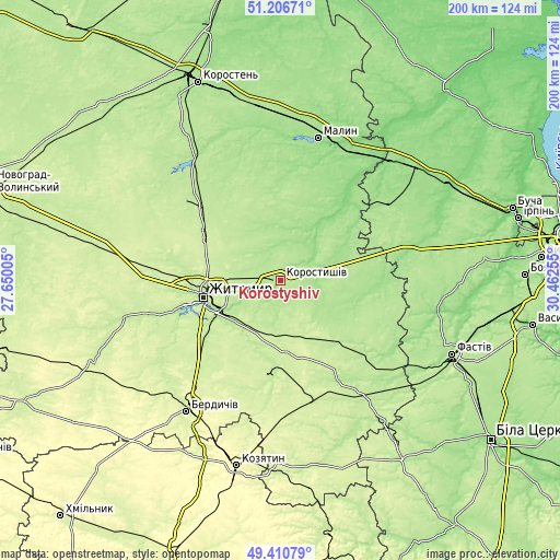 Topographic map of Korostyshiv