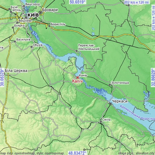 Topographic map of Kaniv