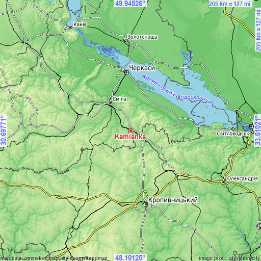 Topographic map of Kamianka