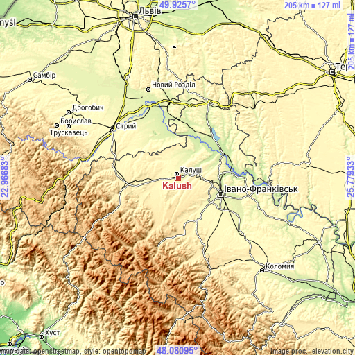 Topographic map of Kalush