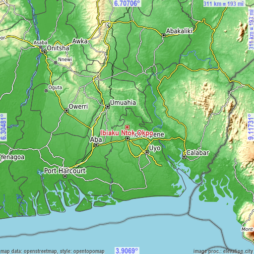 Topographic map of Ibiaku Ntok Okpo