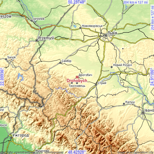 Topographic map of Drohobych