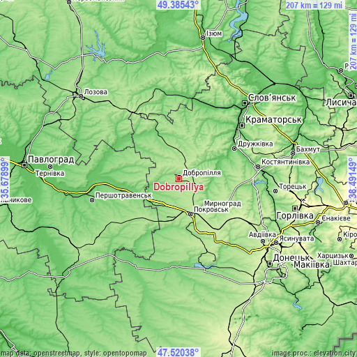 Topographic map of Dobropillya