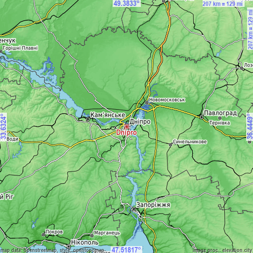 Topographic map of Dnipro