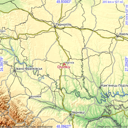 Topographic map of Chortkiv