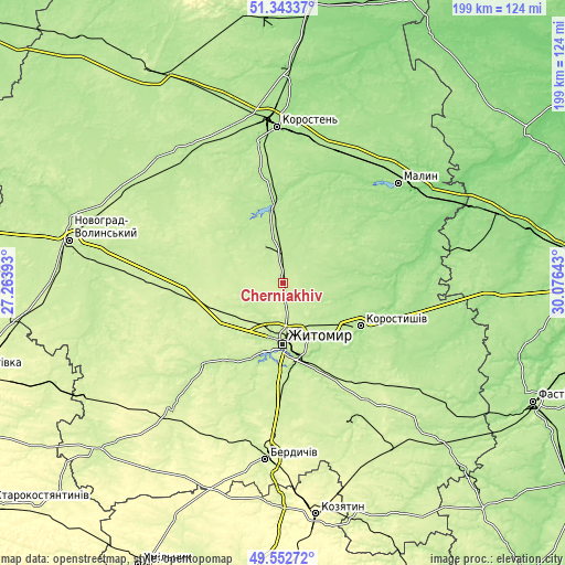 Topographic map of Cherniakhiv