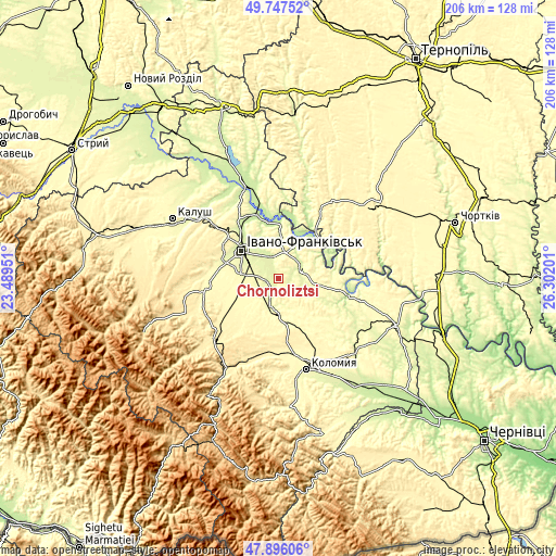 Topographic map of Chornoliztsi