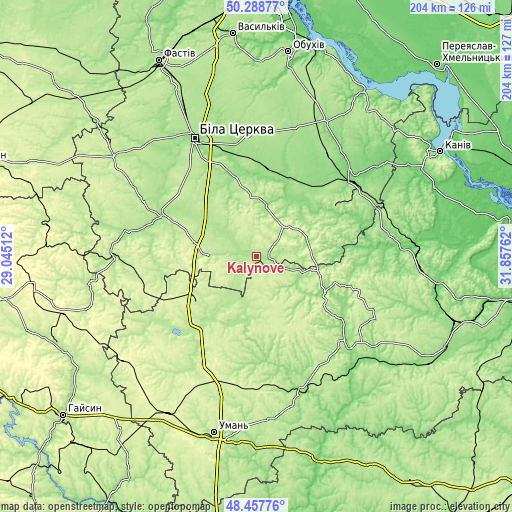 Topographic map of Kalynove