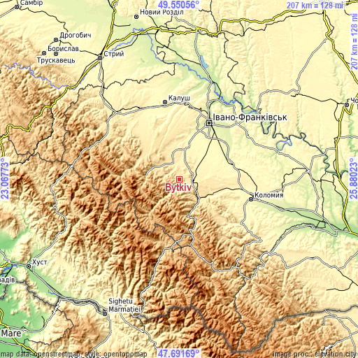 Topographic map of Bytkiv