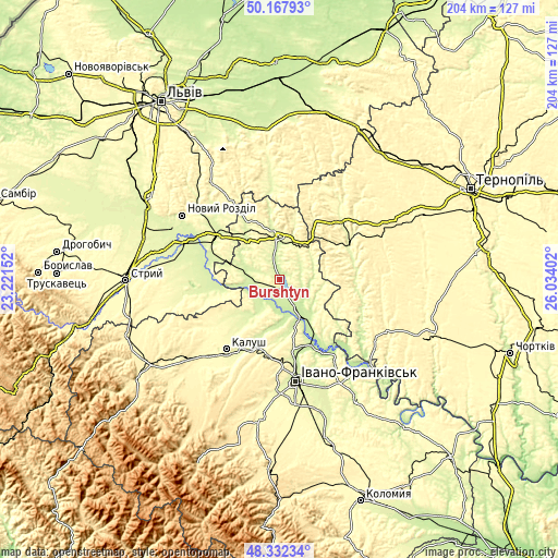 Topographic map of Burshtyn