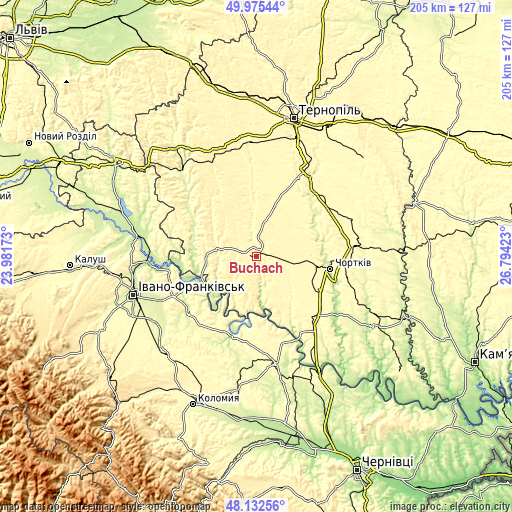 Topographic map of Buchach