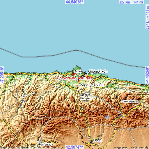 Topographic map of Corvera de Asturias