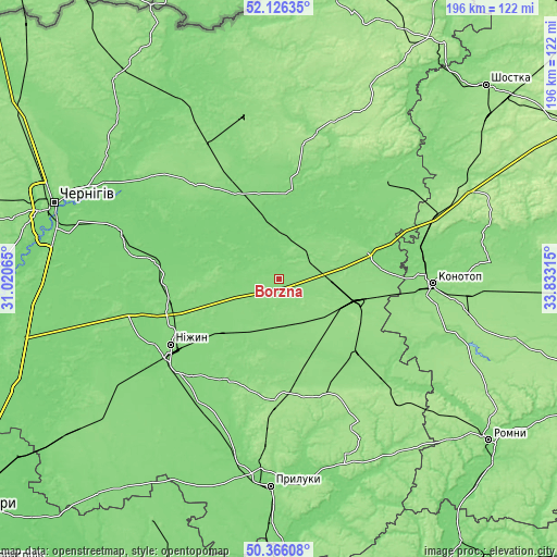 Topographic map of Borzna