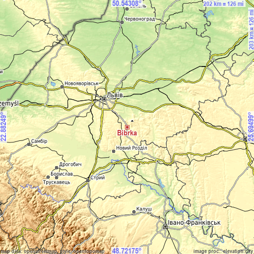 Topographic map of Bibrka