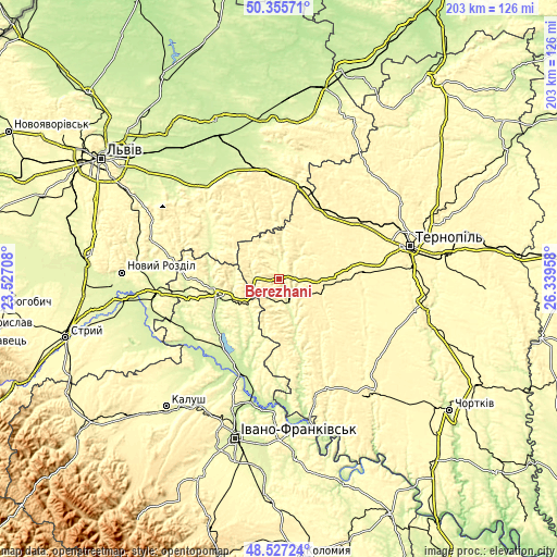 Topographic map of Бережани