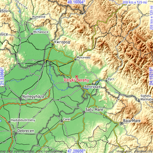 Topographic map of Velyki Berehy